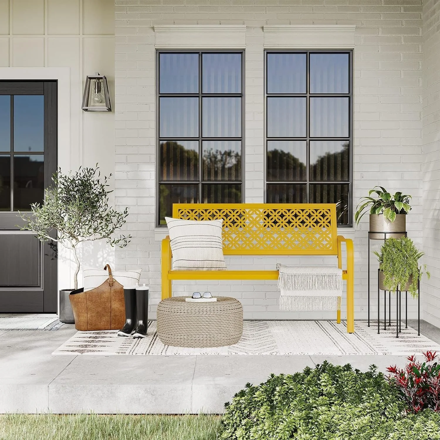 Outdoor Bench, Garden Benches with Anti-Rust Metal Powder Coated Frame, Patio Bench for Front Porch Park Outside Furniture Decor, Sunflower Yellow