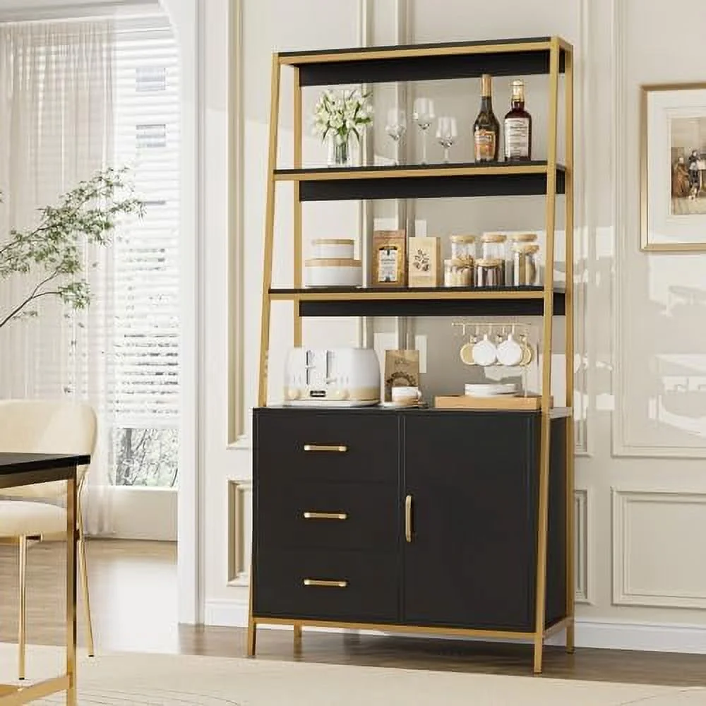 CHIUYN 69" Tall Bookshelf  Industrial 4-Tier Bookcase with Wooden Drawers and Ladder Shelves  Free Standing  Cabinet Kitchen Bakers Rack with Microwave Oven Stand for Home Office  Ash