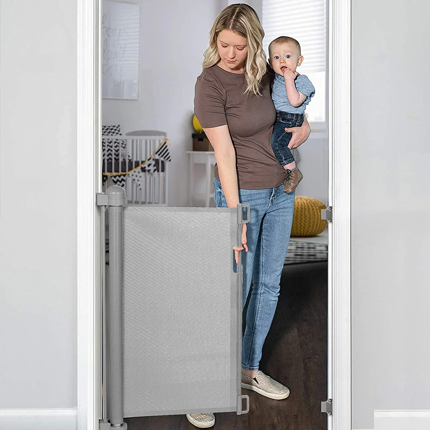 Retractable Baby Gate, Extra Wide Safety Kids or Pets Gate, 33” Tall, Extends to 55” Wide, Mesh Safety Dog Gate for Stairs, Indoor, Outdoor, Doorways, Hallways (Grey, 33