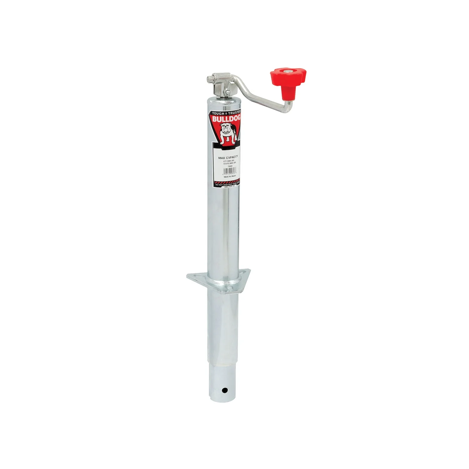 BULLDOG 155028 Round Trailer Jack, A-Frame, 2,000 lbs. Lift Capacity, Topwind, Bolt-On, 15 Inch Travel