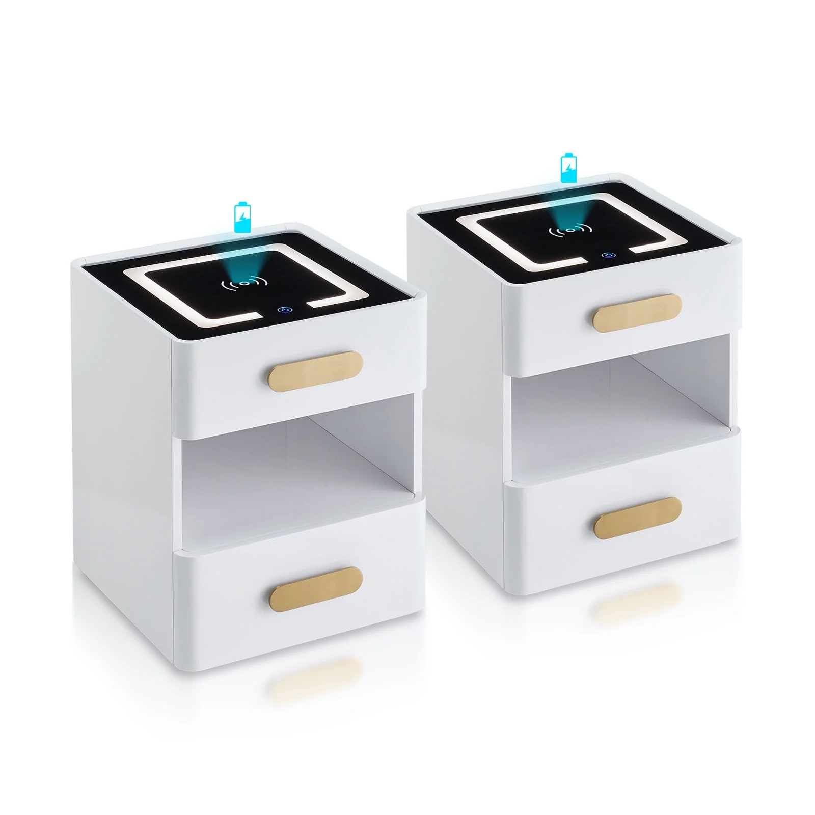 Clipop Set of 2 Nightstand with Wireless Charging Station and LED Light, 2 Drawers, High Gloss End Side Table for Bedroom,White