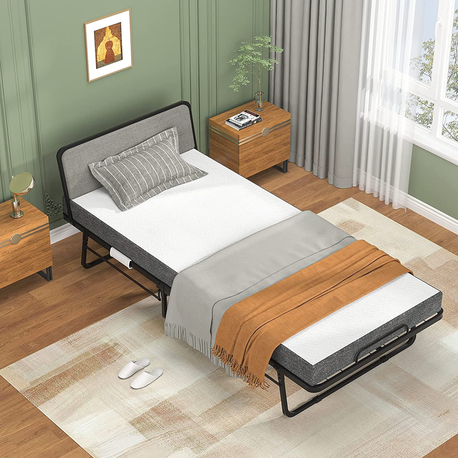 YILAN Folding Bed with Mattress and Headboard, Cot Size Rollaway Bed for Adults, Extra Guest Bed with Memory Foam Mattress and Metal Frame, 78” x 30