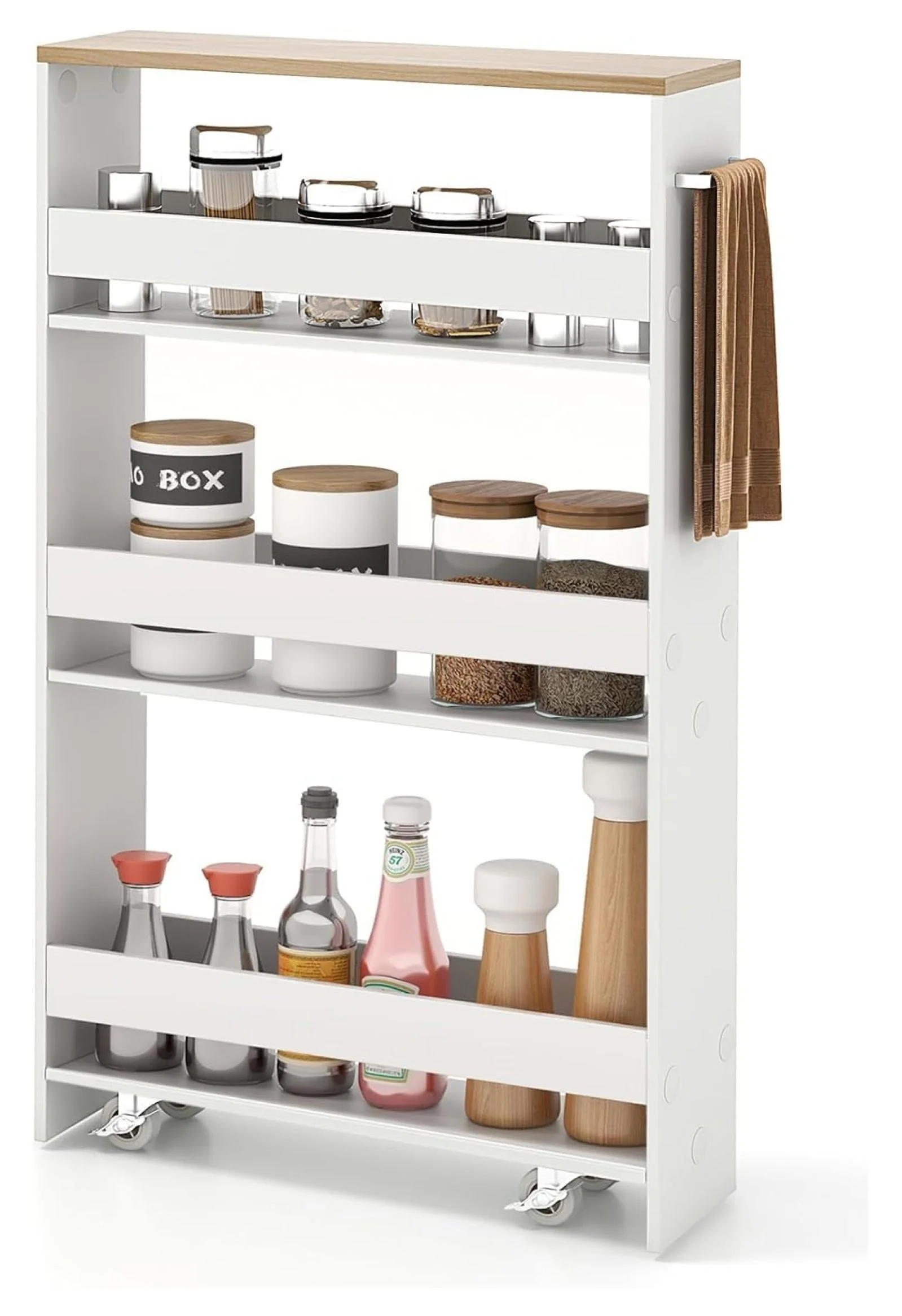 Slim Rolling Storage Cart, 4-Tier Kitchen Utility Carts on Wheels, Wood Shelving Unit Organizer Trolley with Handle, 5” Width Narrow Cart for Small Spaces, Laundry, Bathroom (White & Natural)