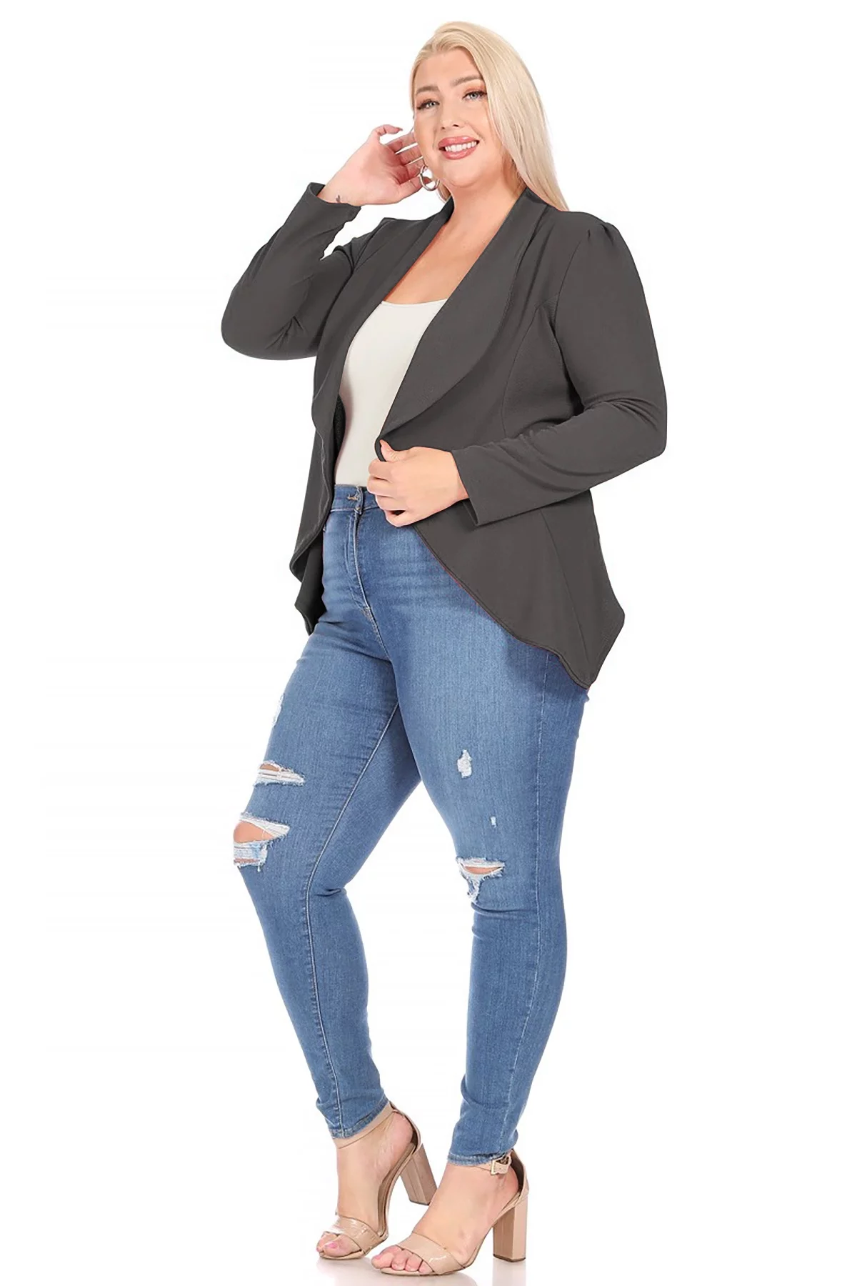 Women's Plus Size Long Sleeve Waist Length Open Front Office Blazer Jacket