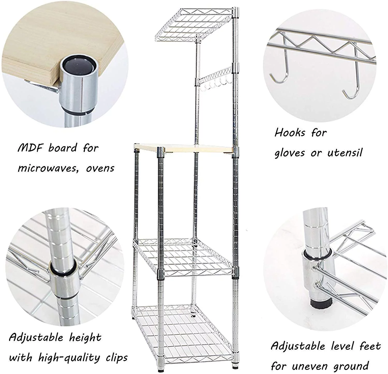 KARMAS PRODUCT Kitchen Bakers Rack Adjustable 4-Tire Wire Storage Shelf Microwave Oven Stand Chrome Wood Organizer Rack, 59” Tall