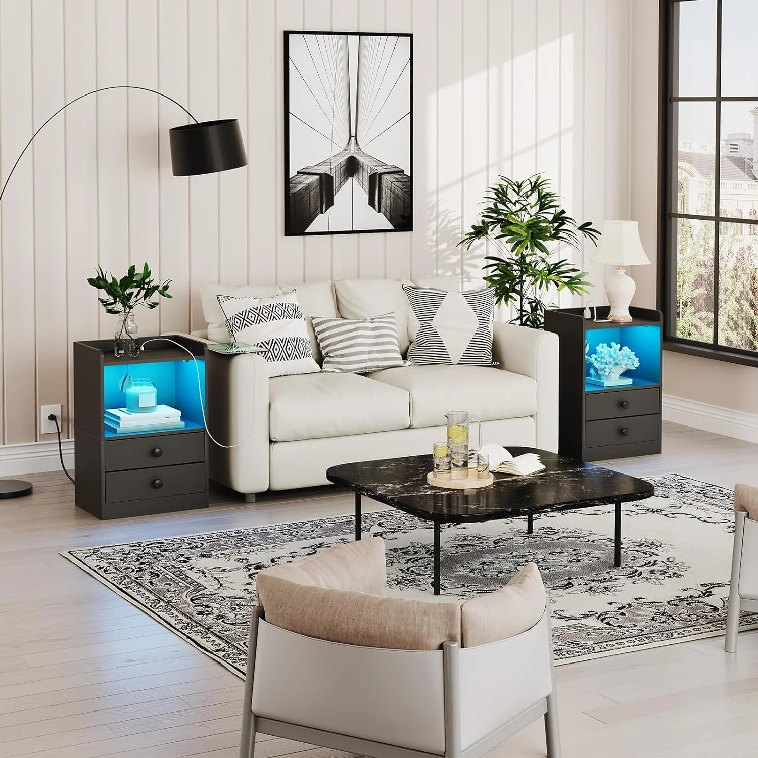 HOOBRO Set of 2 Nightstand with Charging Station and LED Light Strip Side Table with 2 Drawers Bedroom Cloakroom Black BK28UDBZP201