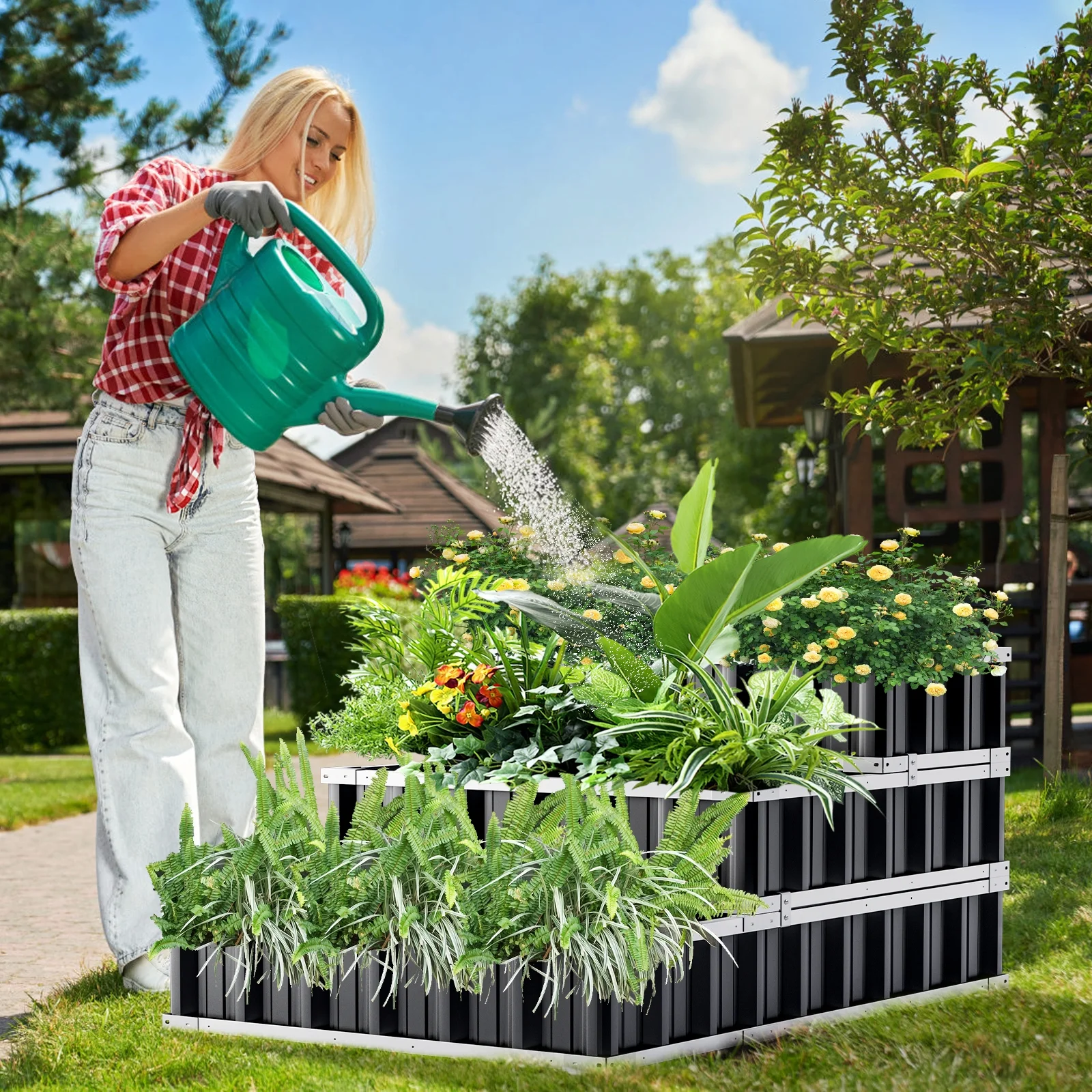 FICISOG 3 Tiers Raised Garden Bed, Large Galvanized Metal Outdoor Patio Garden Elevated Planter Box - 3 DIY Methods - Patio Planting Container for Deep-Rooted Plants Vegetables Flowers