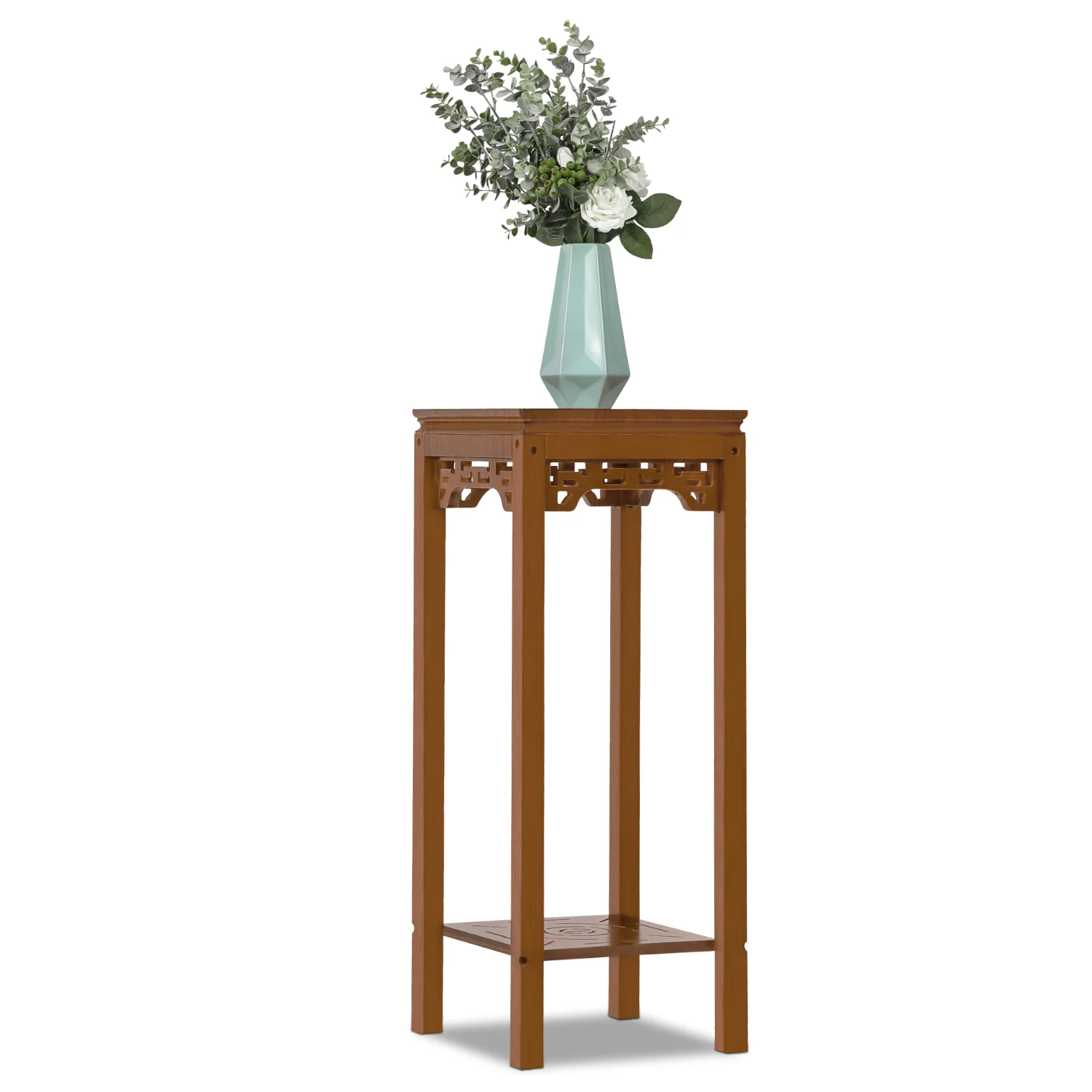 MoNiBloom Bamboo 2 Tiers Square Plant Stand, Vintage Carving Flower Rack, Brown, for Garden