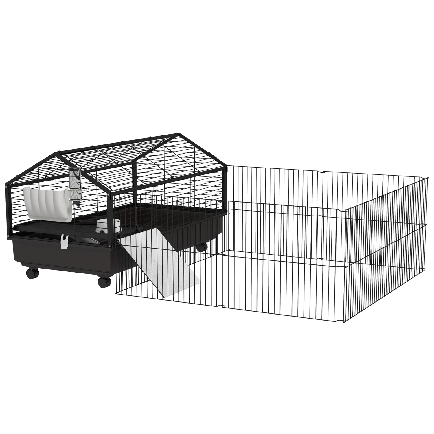 DremFaryoyo PawHut Small Animal Cage with Foldable Run Area  Rolling Bunny Cage  Guinea Pig Cage  Hedgehog Cage with Water Bottle  Water Bowl  and Ramps  46.5”