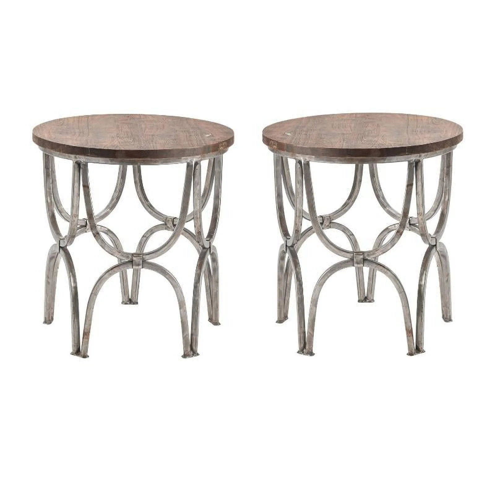 Home Square Mango Wood and Steel Round End Table in Brown - Set of 2
