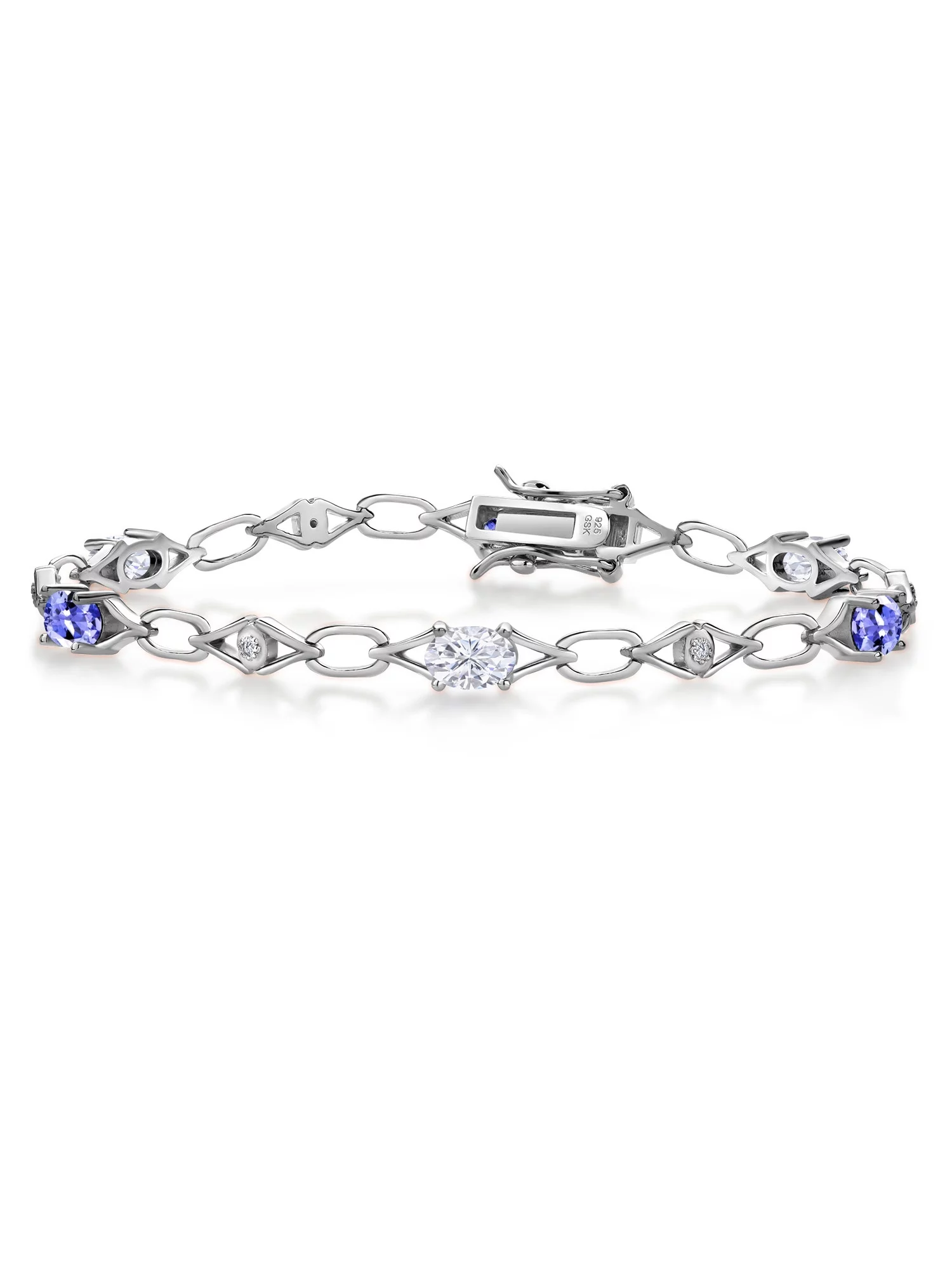 Gem Stone King 925 Sterling Silver White Moissanite and Blue Tanzanite and Round White Lab Grown Diamond Tennis Bracelet for Women (2.89 Cttw, Gemstone Birthstone, Oval 6X4MM, 7.25 inches)