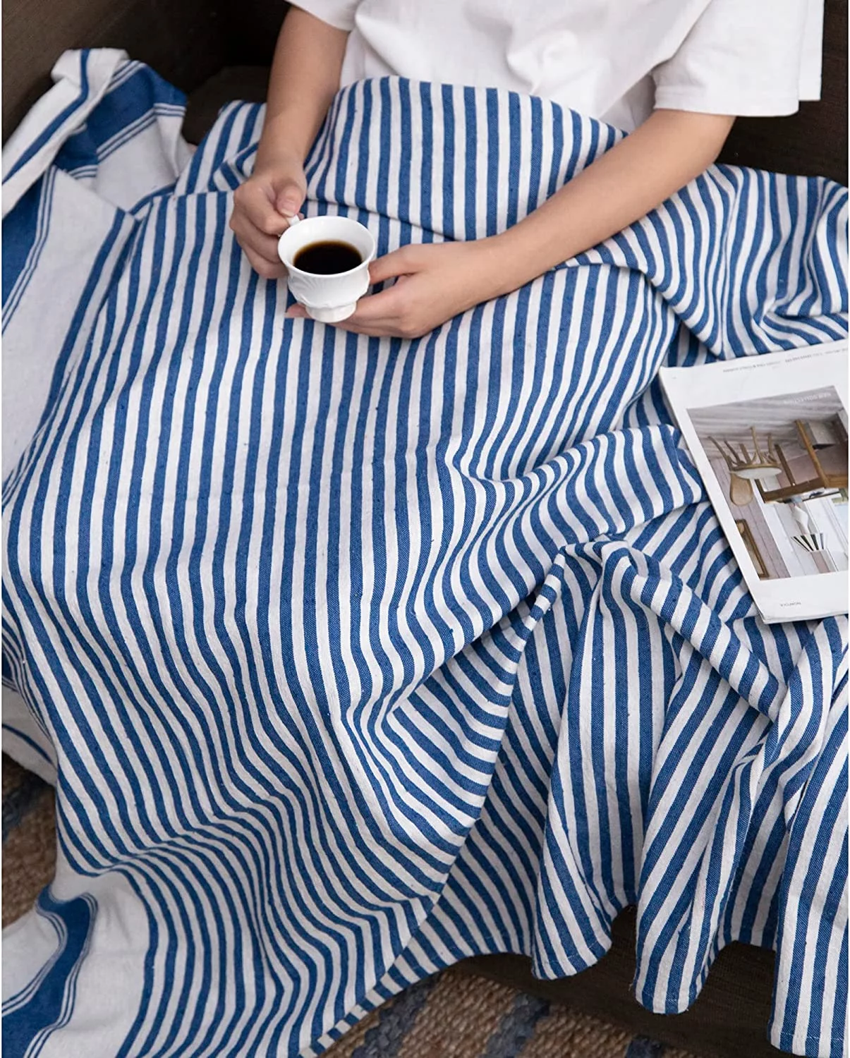 A&B Home Throw Blanket - Blue and White Stripe Woven Cotton Blend Blanket, 50