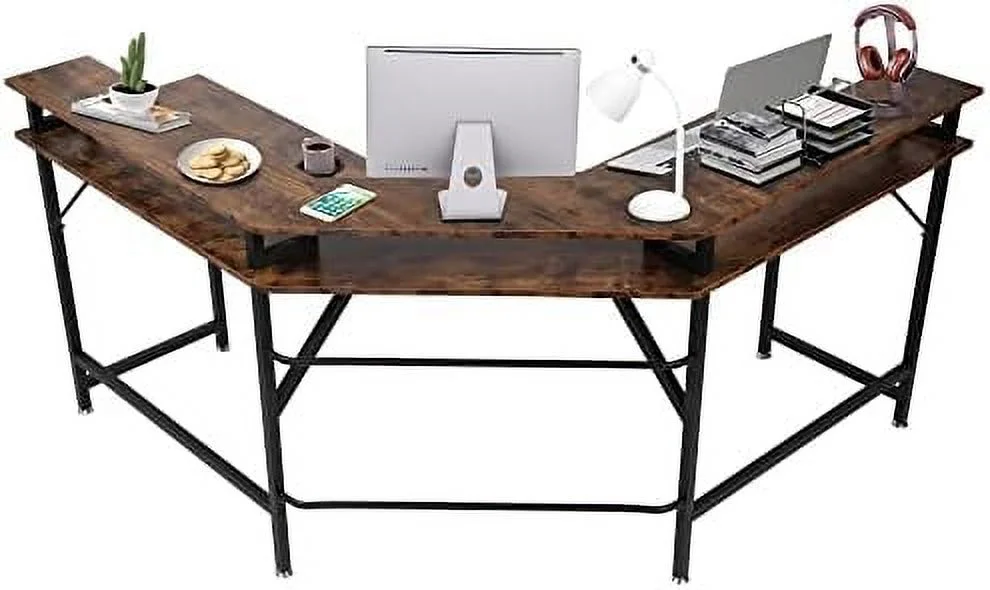 xrboomlife L-Shaped Desk with  Shelves  88 inch Reversible Corner Large Computer Desk  Office Desk or 2 Person Long Table for Gaming Writing Study Reading  Rustic Brown