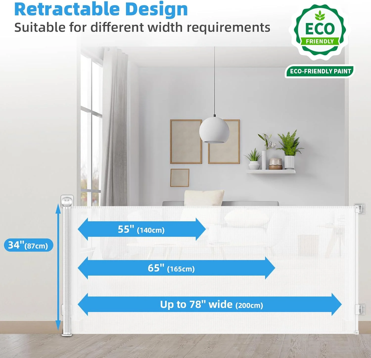 Punch-Free Retractable Baby Gates, 78” inches Extra Wide for Large Opening, Child Pet Safety Indoor/Outdoor Retractable Mesh Gate 34