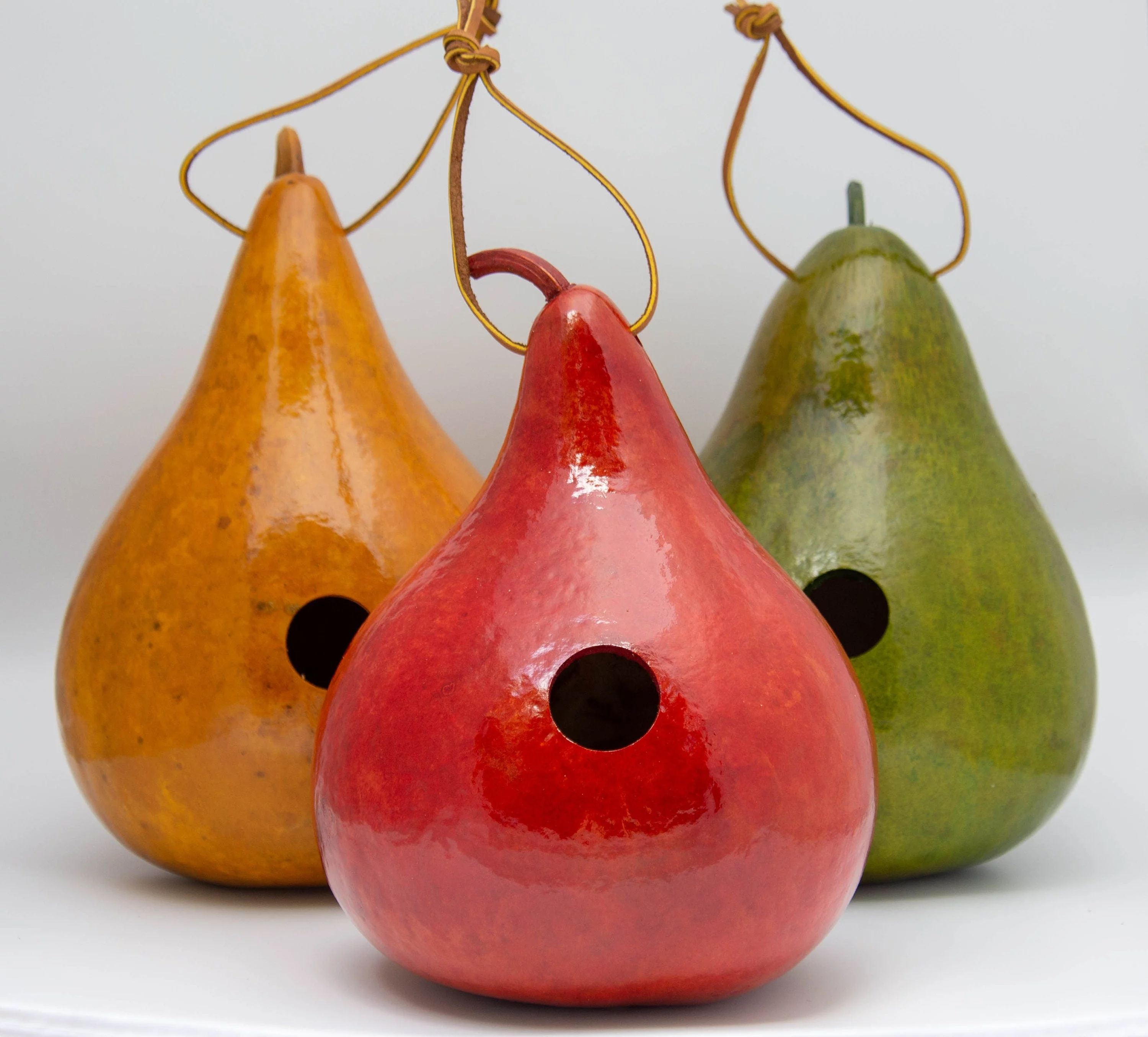 Gourd Birdhouses - Painted Gourd Art - Red - Yellow - Spring Green - Set of 3