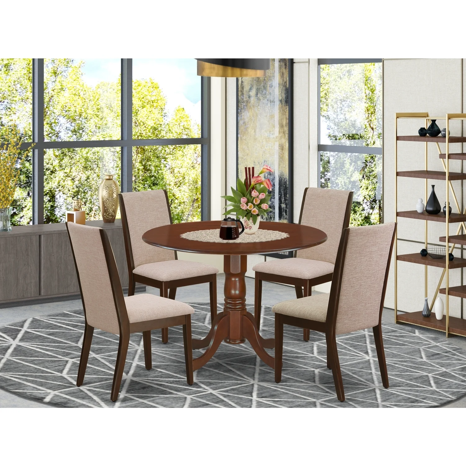 HomeStock Renaissance Rhapsody 5-Pc Round Kitchen Table Set Included A Mid Century Dining Table & 4 Kitchen Chairs, Light Tan Linen Fabric Kitchen Chairs Seat With Rubber Wood Legs, Mahogany Finish