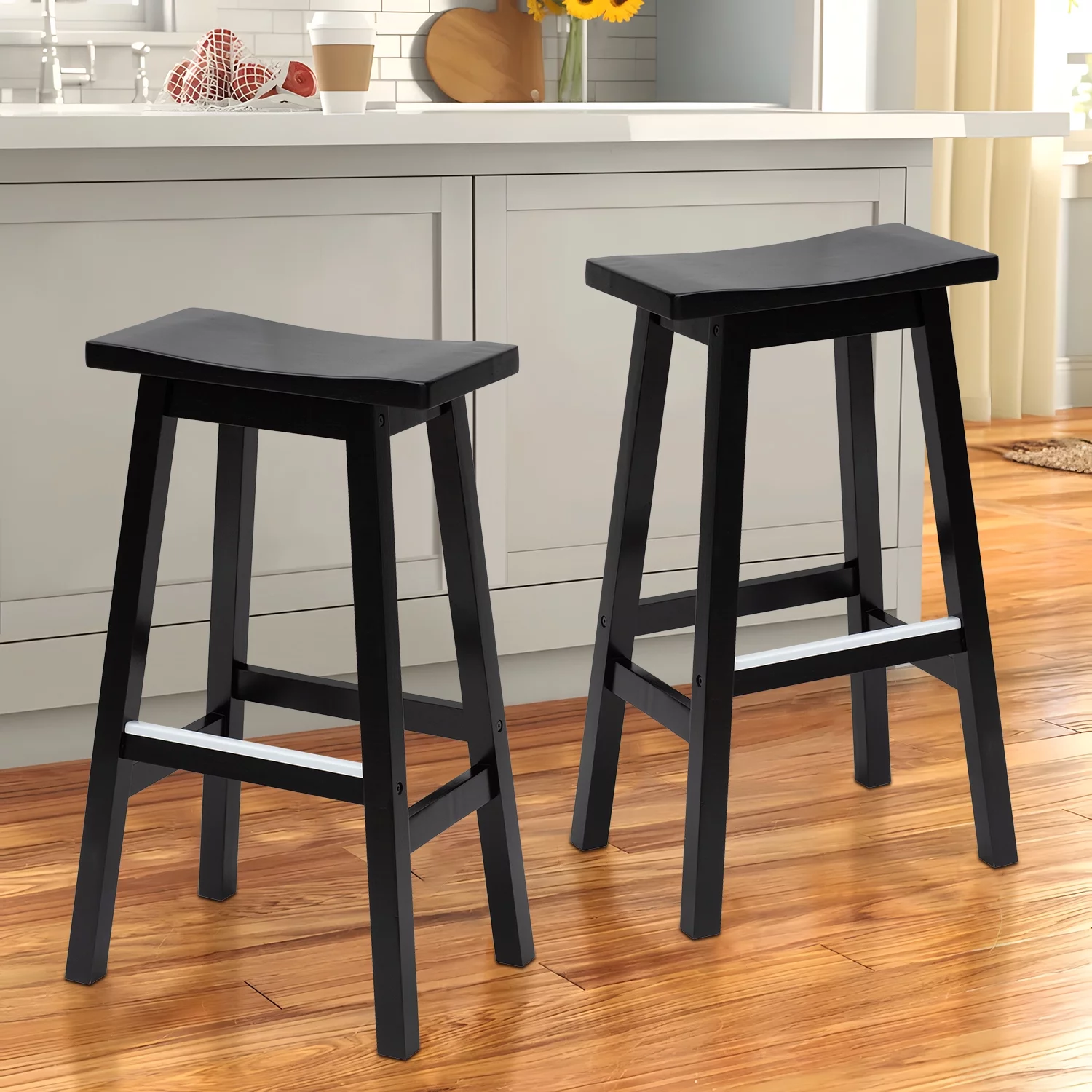 NiamVelo Bar Stools Set of 2 for Kitchen Counter, Solid Wooden Saddle Stools 24-Inch Height Home Furniture Counter stool, Black
