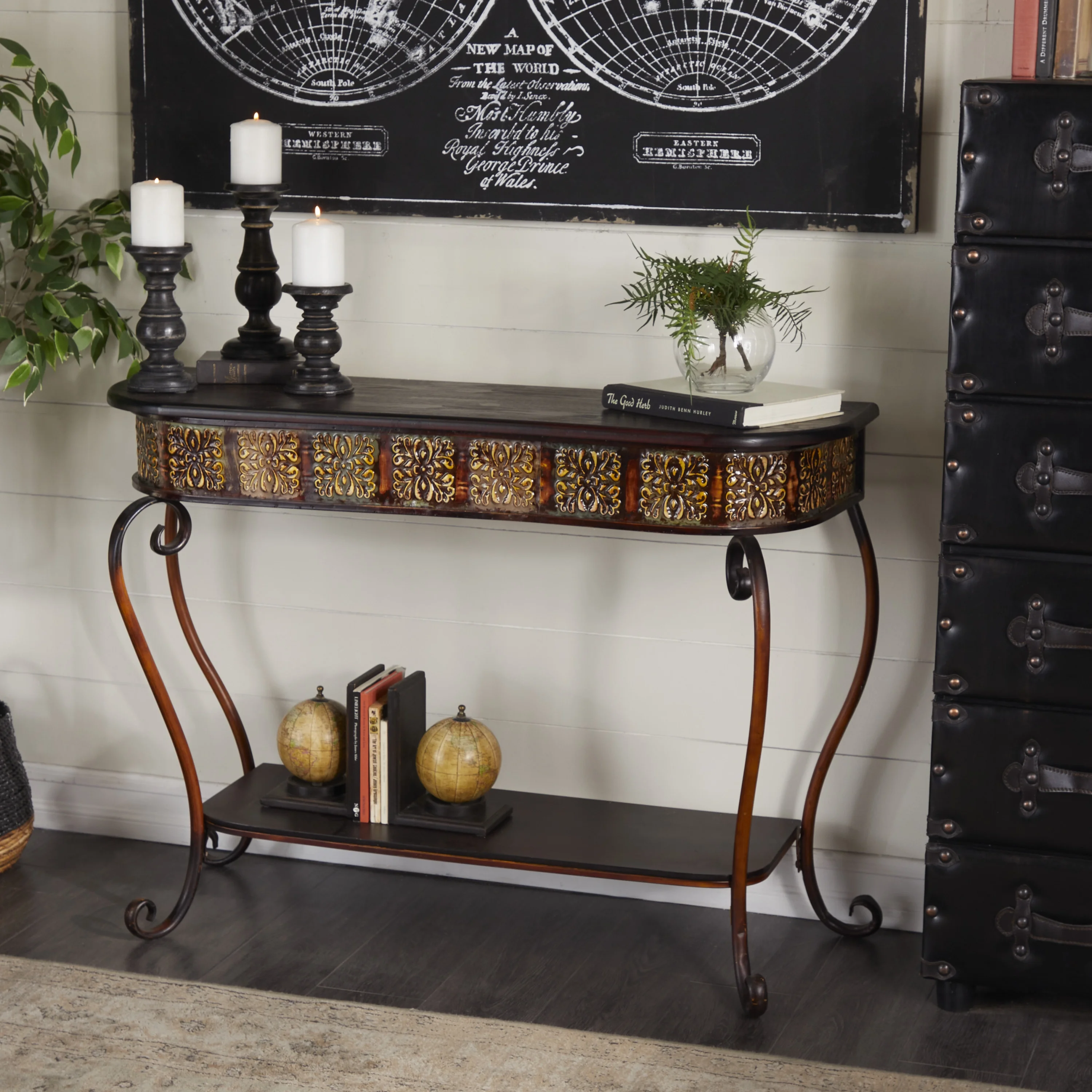 DecMode Traditional Brown Wood and Metal Console, Entryway, Hallway Table with Ornate Detailing and Round Edges, 43