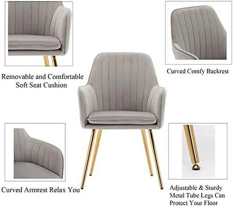 TJUNBOLIFE Velvet Modern Living Dining Room Arm Chair Club Leisure Guest Lounge Bedroom Upholstered Chair with Gold Metal Legs  Gray