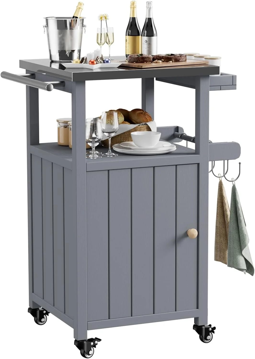 Veanerwood Solid Wood Outdoor Grill Cart Storage Cabinet with Stainless Steel Top, Movable Kitchen Island, Outdoor Bar Cart with Wheels for Garden, Lawn, Patio, Backyard, Camping, Grey