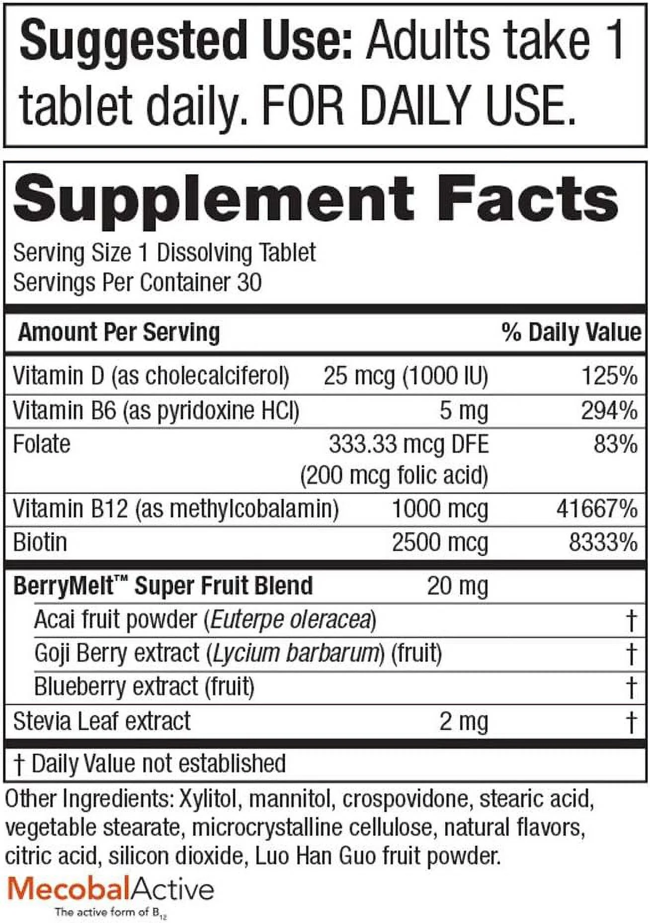 Purity Products Hair, Skin + Nails Melt 1000mcg B-12 + 2500mcg Biotin Energy Berry Melt - Delicious Berry Lemonade Flavor w/Super Fruits - B12 Methylcobalamin - 30 Melting Tablets