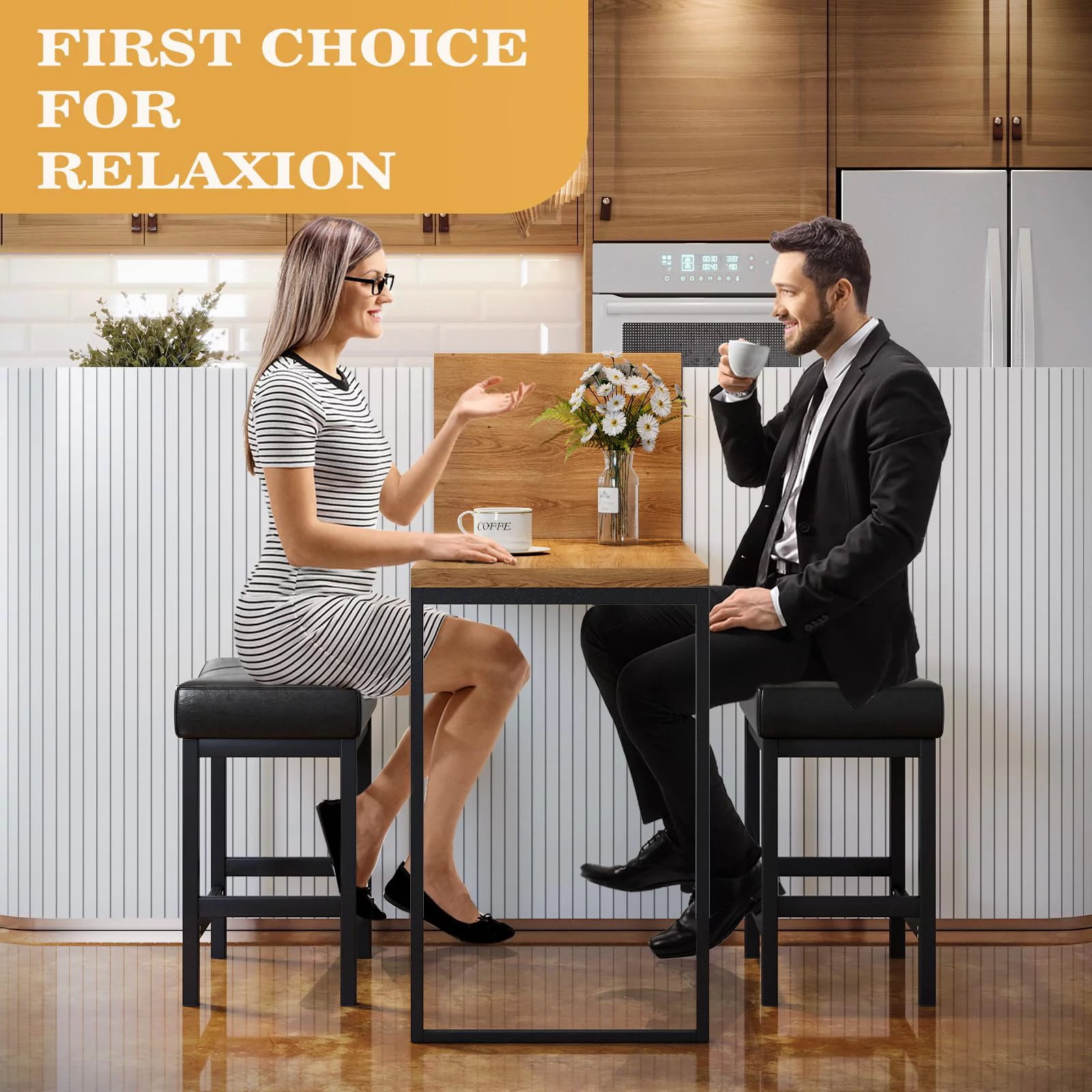 Relefree Bar Stools Set of 2, Counter Height Backless Saddle Stool, Bar Chairs Kitchen Stools with Footrest, Black