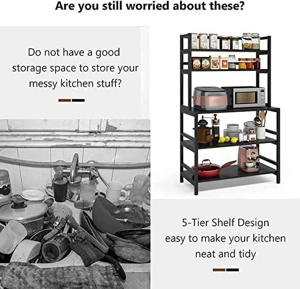 TJCGDTY Kitchen Bakers Rack with  and Hutch  5-Tier Kitchen Microwave Cart Stand Rack  Free Standing Industrial Kitchen Utility   (Black)