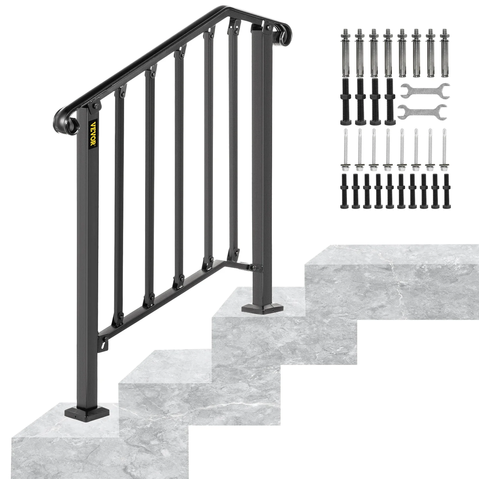 VEVOR Handrails for Outdoor Steps 1-4 Adjustabel Steps Outdoor Stair Railing Wrought Iron Handrail Flexible Porch Railing 2-3 Steps