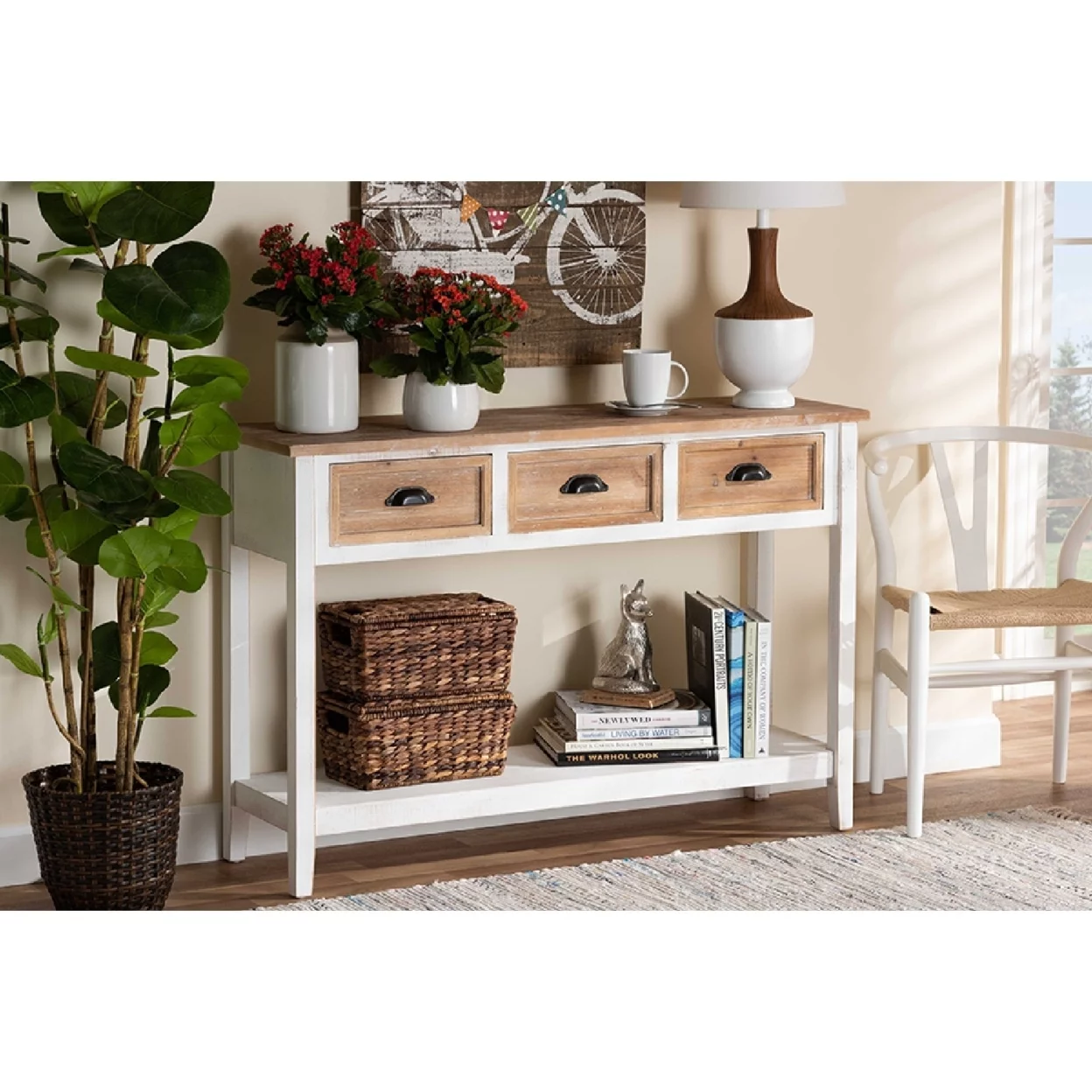 Baxton Studio Benedict Traditional Farmhouse and Rustic Two-Tone White and Oak Brown Finished Wood 3-Drawer Console