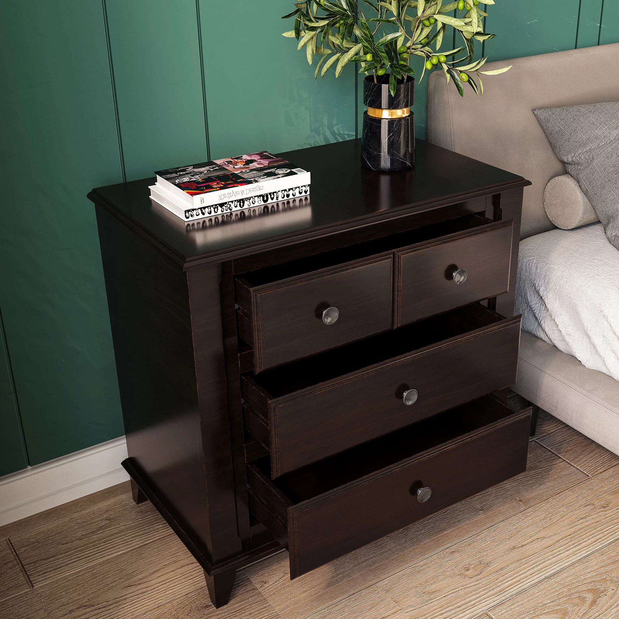 Modern Bedroom Nightstand with 3-Drawers, Espresso
