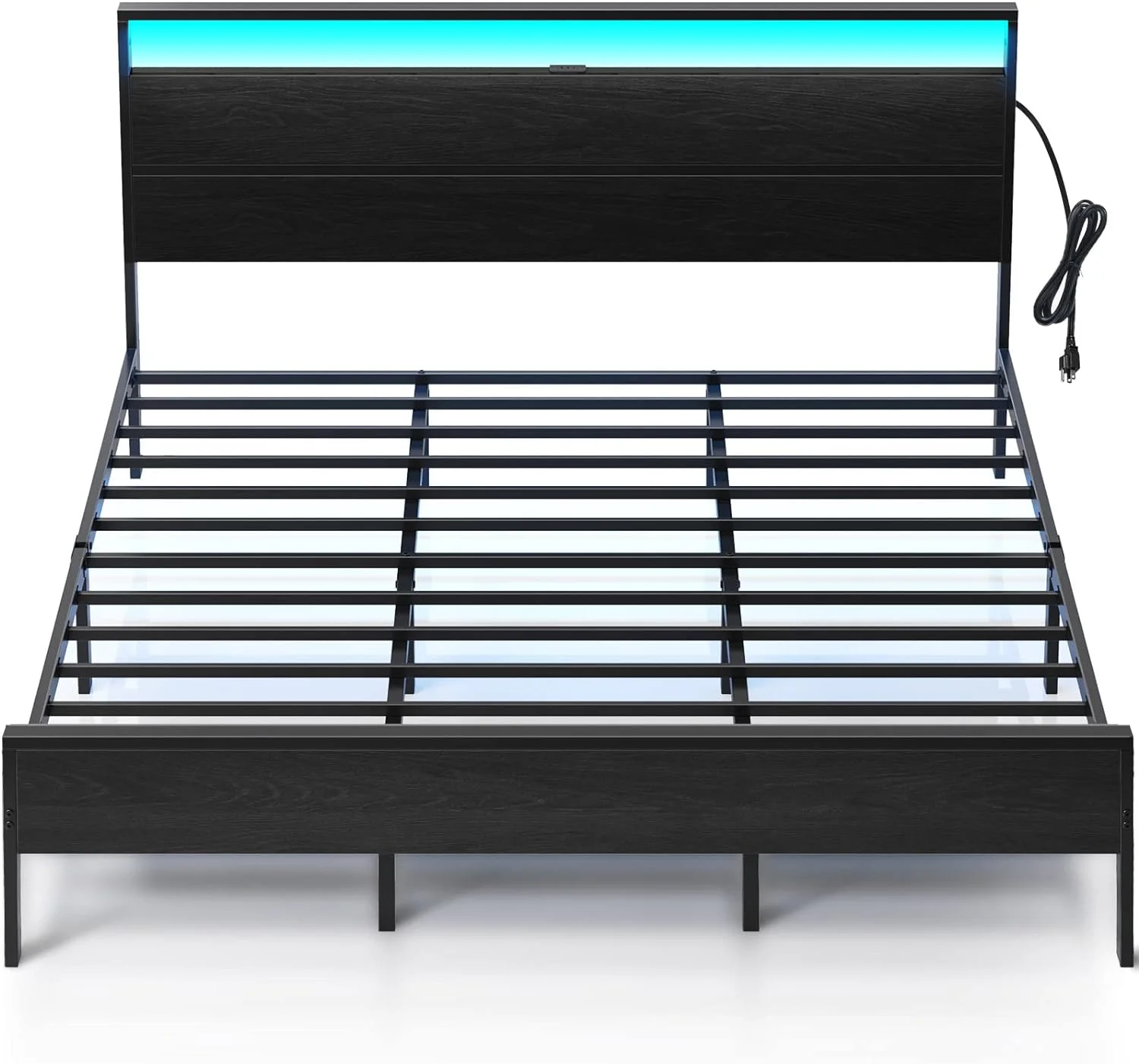 Bed Frame with Charging Station, King Bed with LED Lights Headboard, Metal Platform Bed Frame, Strong Metal Slats, 10.2” Under Bed Storage Clearance, No Box Spring Needed, Noise Free