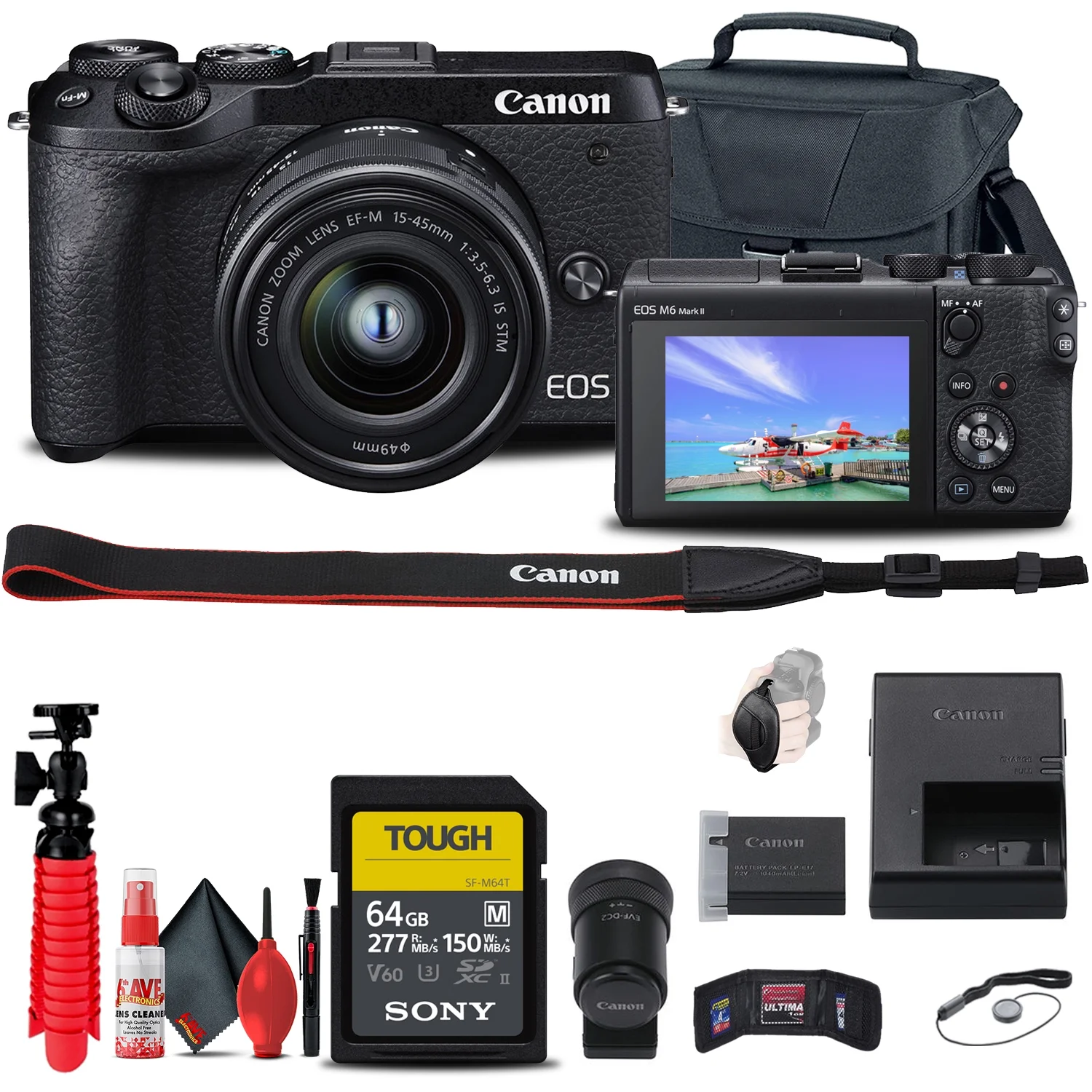 Canon EOS M6 Mark II Mirrorless Camera with 15-45mm Lens and EVF-DC2 + More