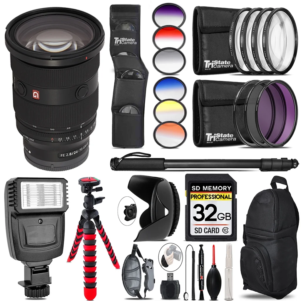 Sony FE 24-70mm f/2.8 GM II Lens + Flash + Color Filter Set - 32GB Accessory Kit