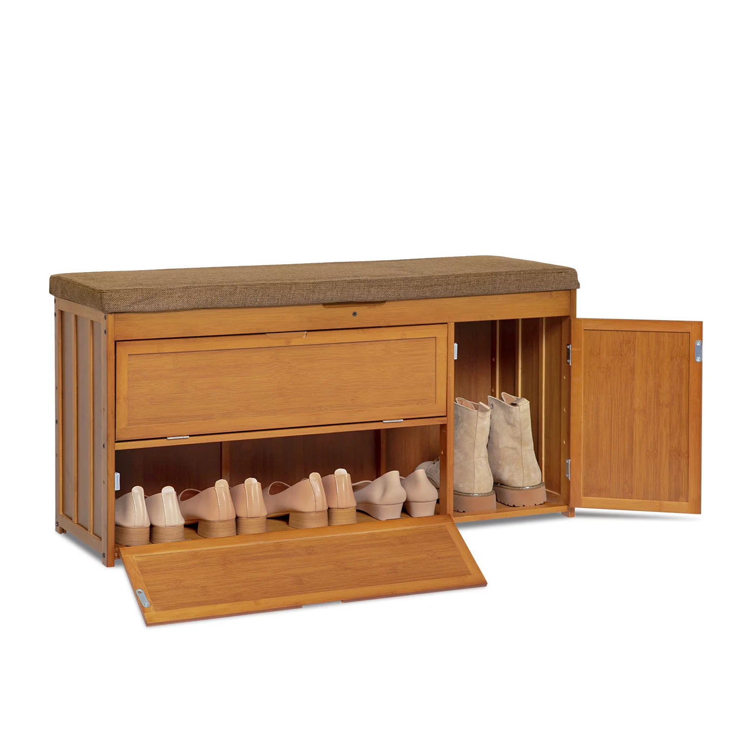 Magshion Bamboo 2 Tiers Shoe Changing Bench, Shoes Storage Organizer, Brown, for Entryway Hallway