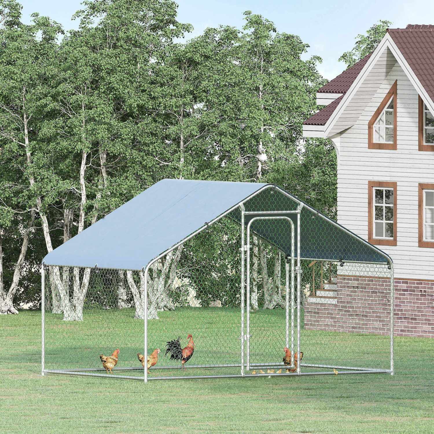 YLtoohoom PawHut Large  Coop Metal  Run with Waterproof and Anti-UV Cover  Spire Shaped Walk-in Fence Cage Hen House for Outdoor and Yard Farm Use  1.26” Tube Diameter  9.8‘ x 6.6‘ x 6.4‘