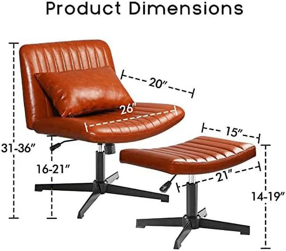 YPDCHB Armless Desk Chair No Wheels with Ottoman&Lumbar Support PU Leather Padded Modern Swivel Home Office Chair Height Adjustable Wide Seat Cross Legged Computer Task Chair for Livi