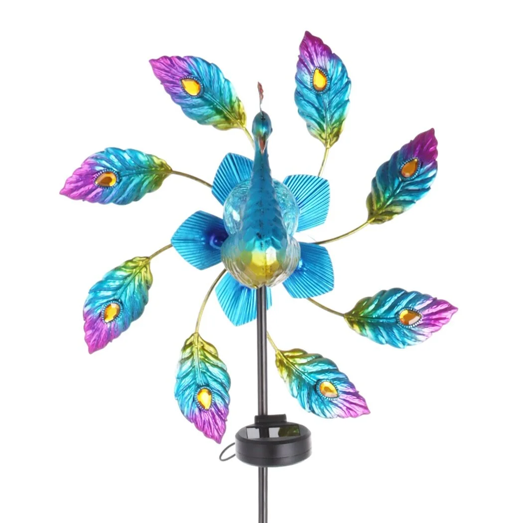 Peacock Wind Spinner, Outdoor Metal Wind Spinner, Rustproof Double Wind Sculpture with Stable Stake, Solar-Powered Decorative Wind Catcher for Patio Yard Lawn Garden