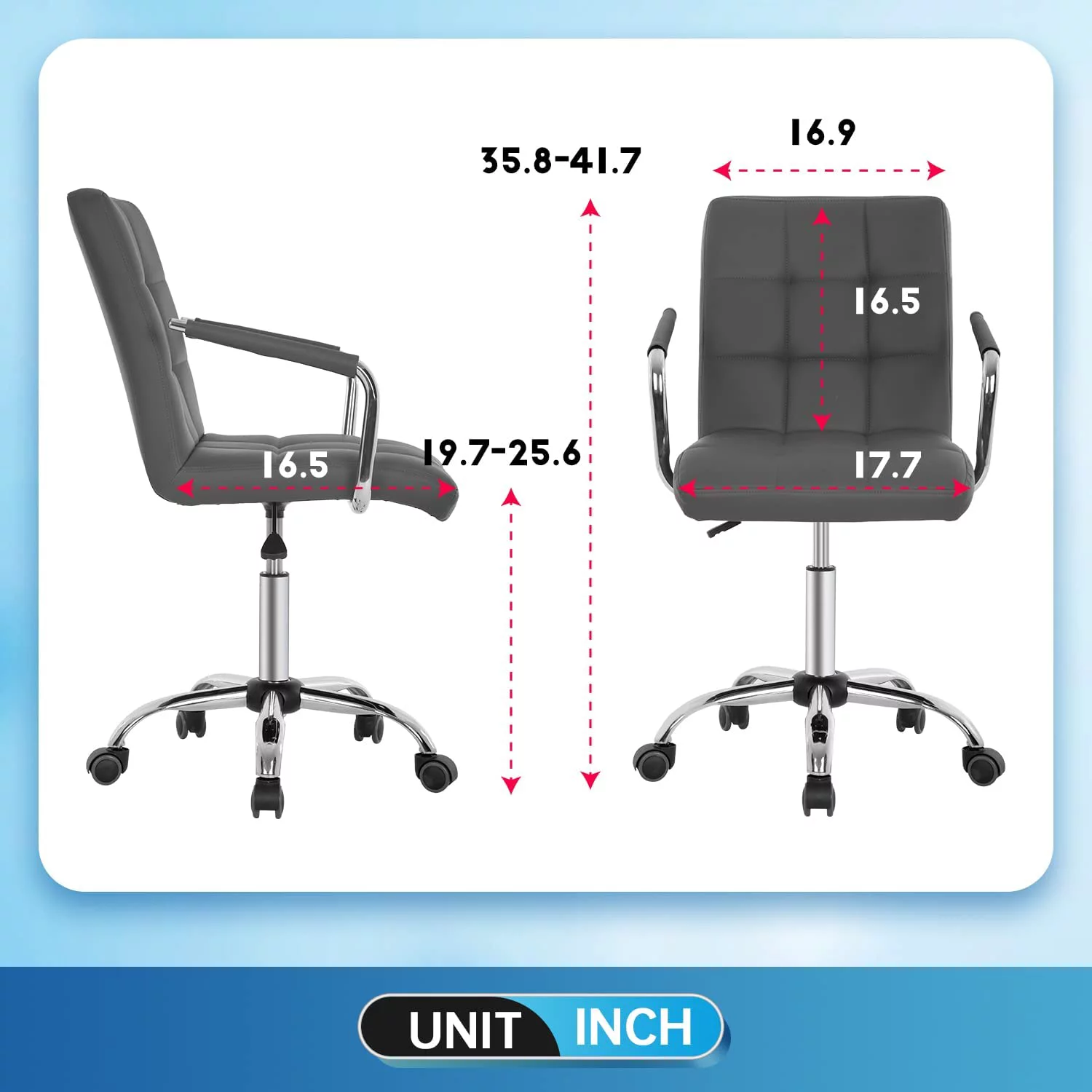 FDW Home Desk Chair PU Leather Makeup Chair with Armrest/Wheel 360°Swivel Height Adjustable,Grey