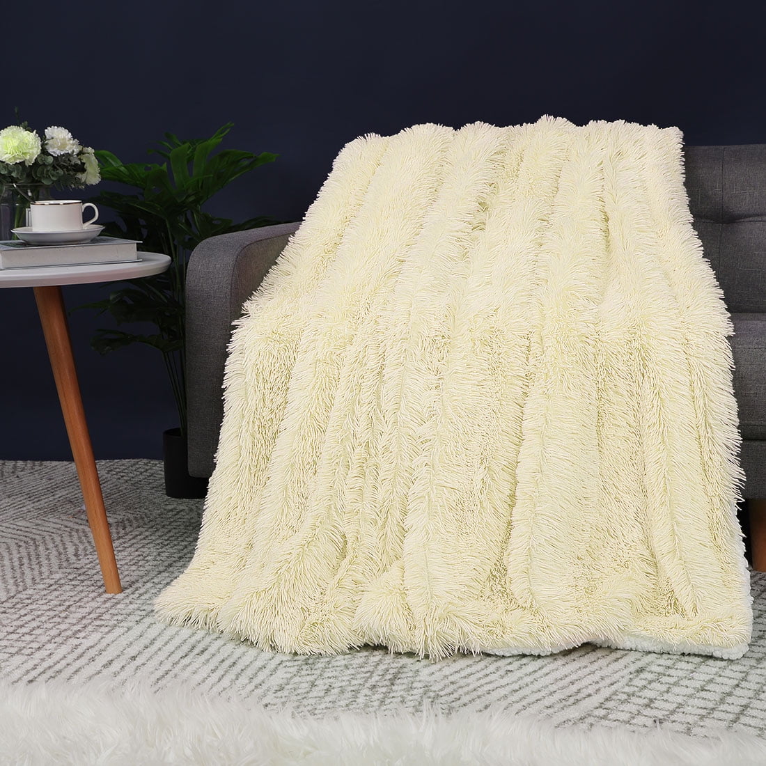Unique Bargains Shaggy Faux Fur Soft Sherpa Blanket Beige Queen(90