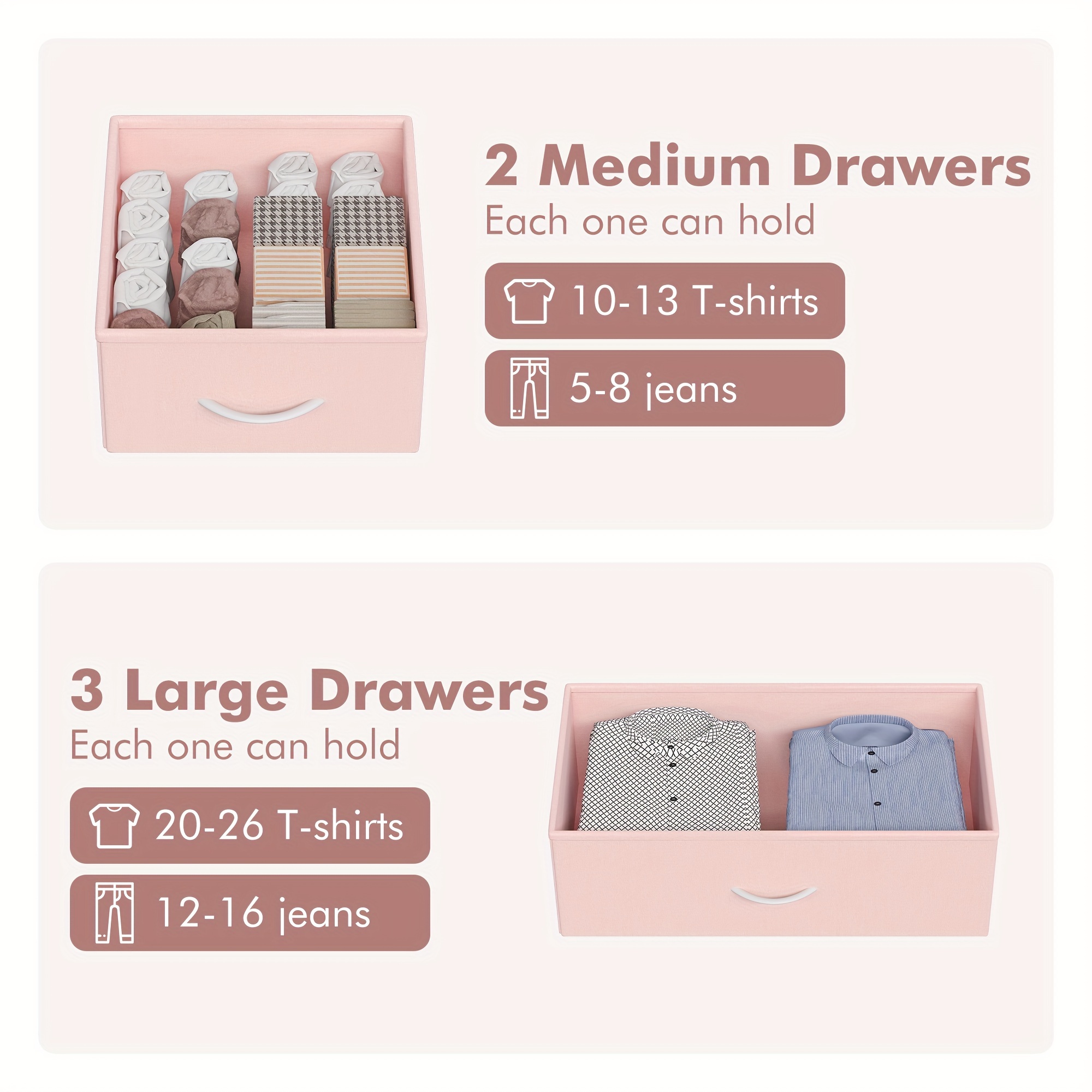 5 Drawers Dresser for Bedroom with Shelf, Chest of Drawers & Storage Drawers, Tall Fabric Storage Dresser for Living Room, Organizer Unit, Easy Assembly, Pink