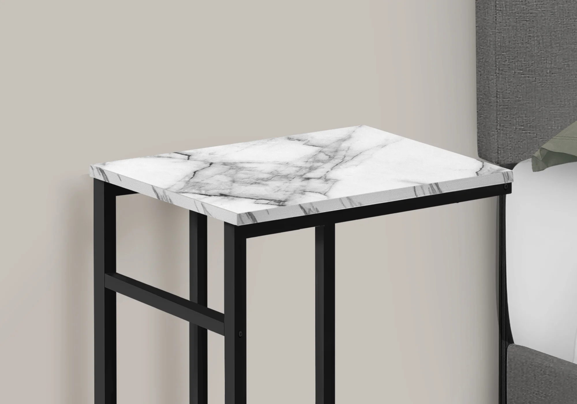 Accent Table C-shaped End Side Snack Bedroom Metal White Marble Look