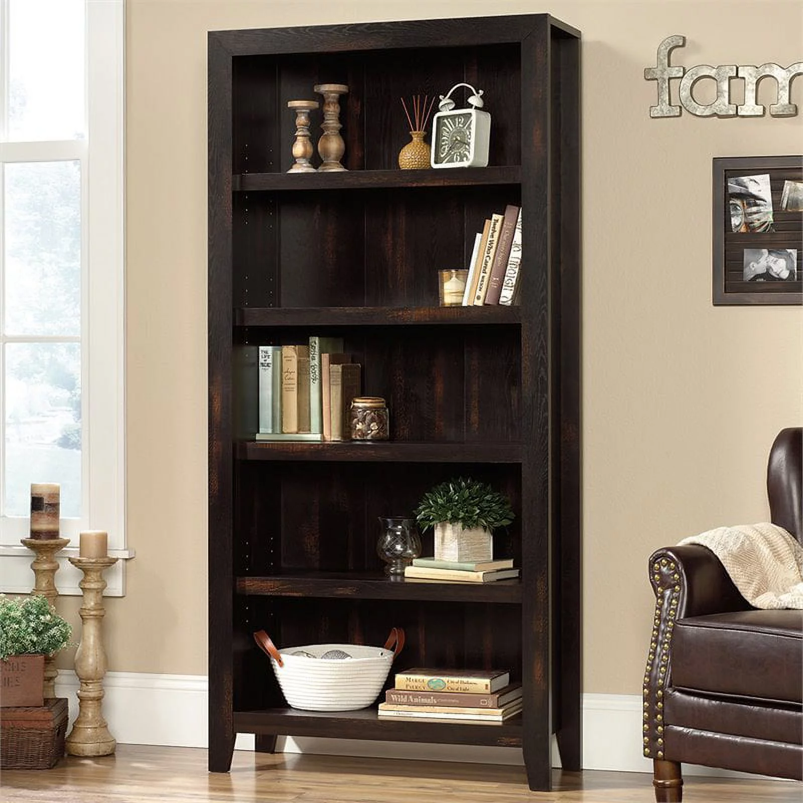 Pemberly Row Engineered Wood 5-Shelf Bookcase in Char Pine