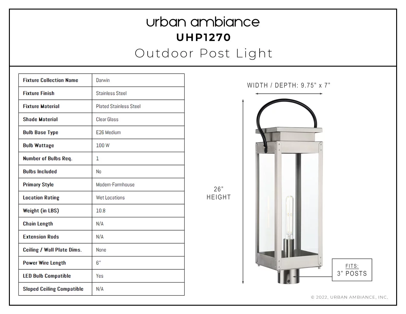 Luxury Modern Farmhouse Post Light, 26H x 9.75W, with Modern Style, Stainless Steel, UHP1270 by Urban Ambiance