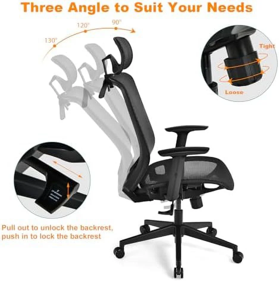 TQJKLFDY Ergonomic Office Chair - High-Back Computer Desk Mesh Chair with Clothing Hanger - Executive Swivel Task Chair with Adjustable Arms and Head  (Gray)