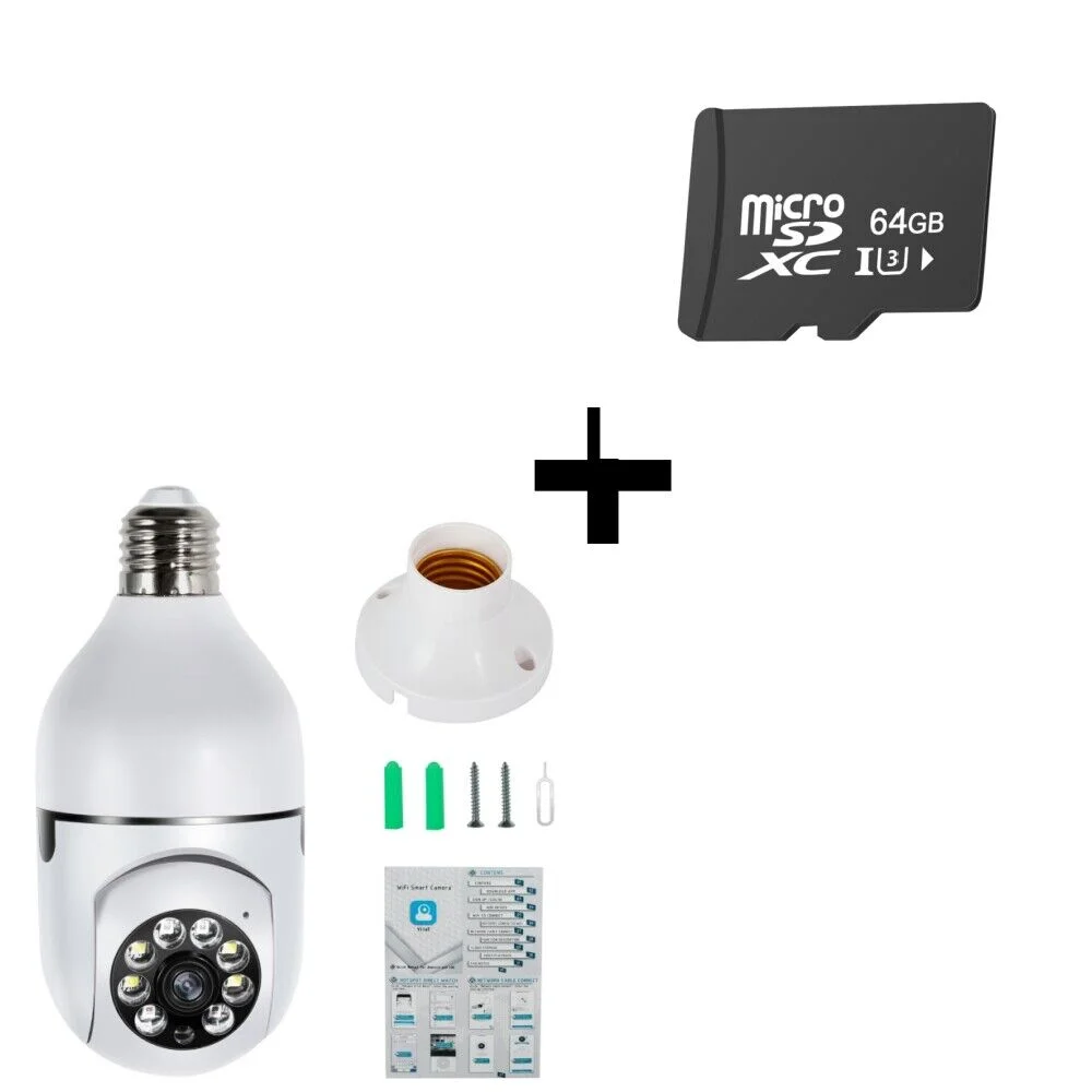 1PC Bulb Camera + 64GB TF Card 2x 1080P HD WIFI Camera Wireless Outdoor CCTV IP PTZ Smart Home Security IR Cam