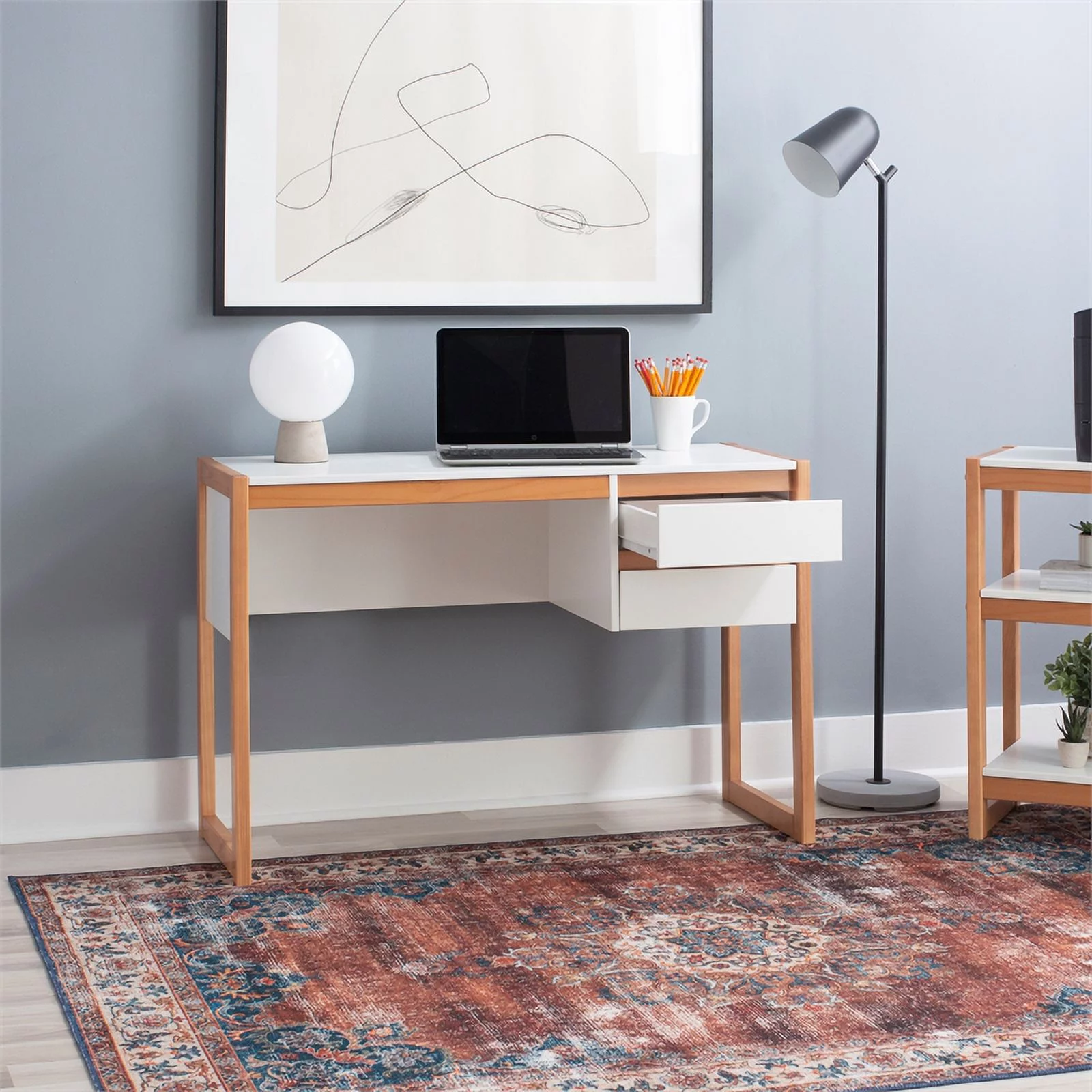 Linon Brock Wood Two Drawer Desk in White and Natural