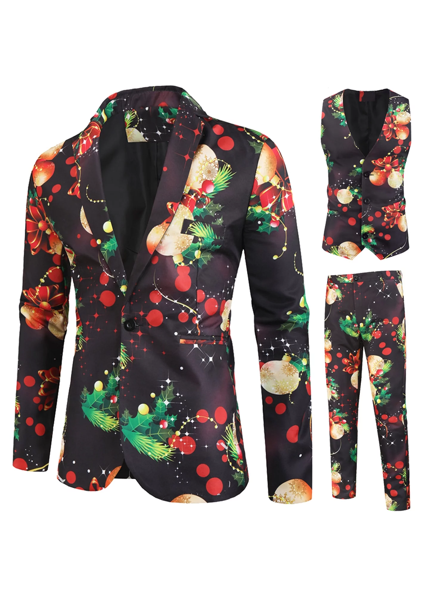 Genuiskids Men's Christmas 3 Piece Suit Print Turn-Down Collar Jacket + Sleeveless Split Vest + Elastic Waist Long Pants Funny Christmas Blazer Sets