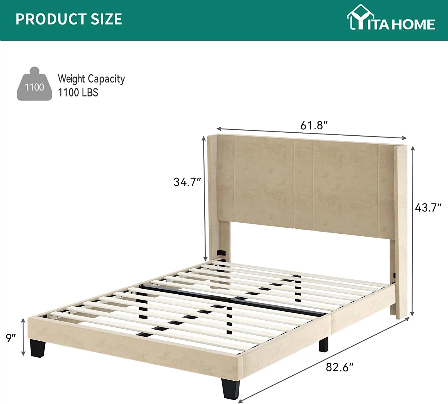 Upholstered Bed Frame  Platform Bed Frame with  Drawers  Queen Size Bed Include Velvet Headboard Wingback and Strong Wood Slats Support  No Box Spring Needed  Dark Grey