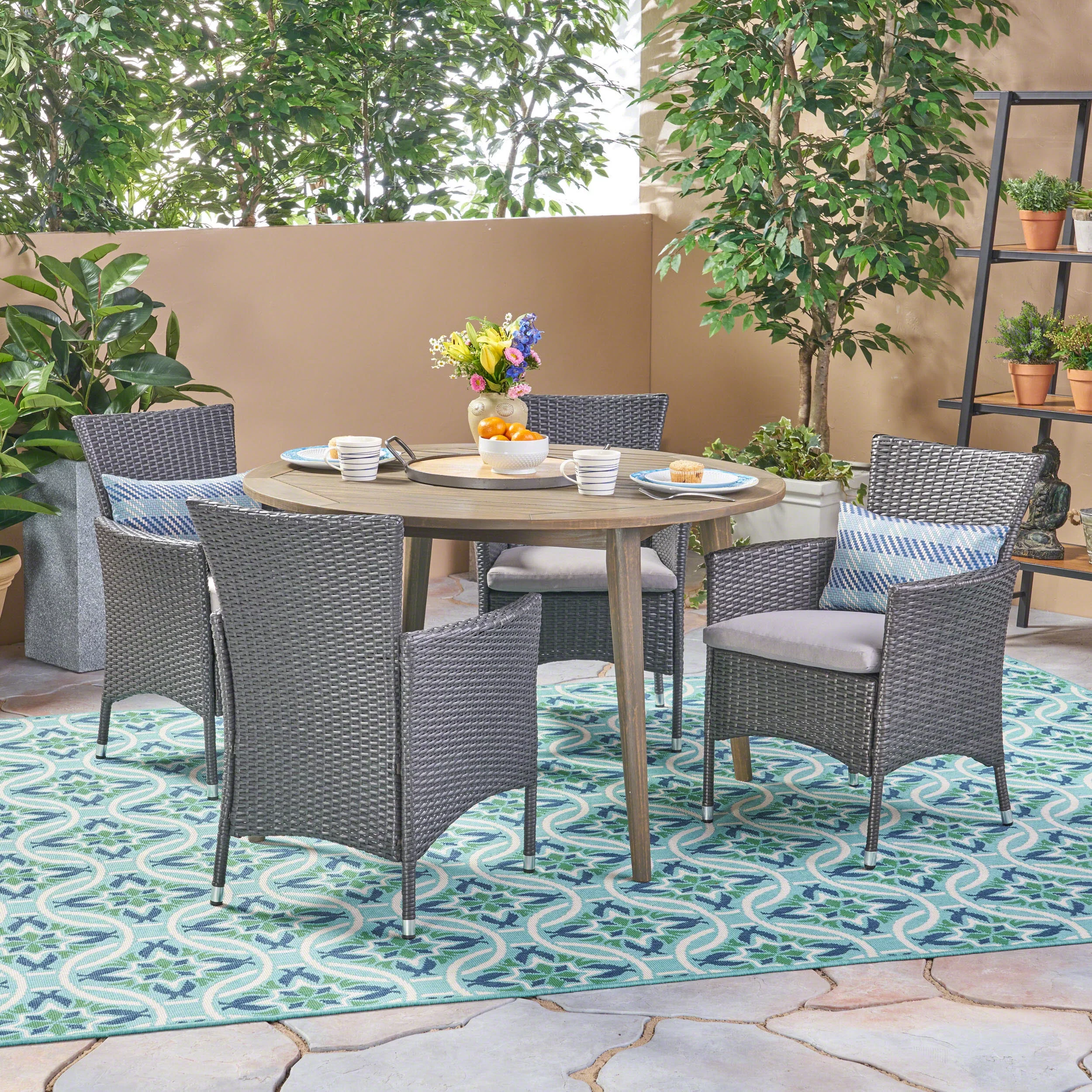 Christina Outdoor 5 Piece Acacia Wood and Wicker Dining Set with Cushions, Gray, Gray, Silver