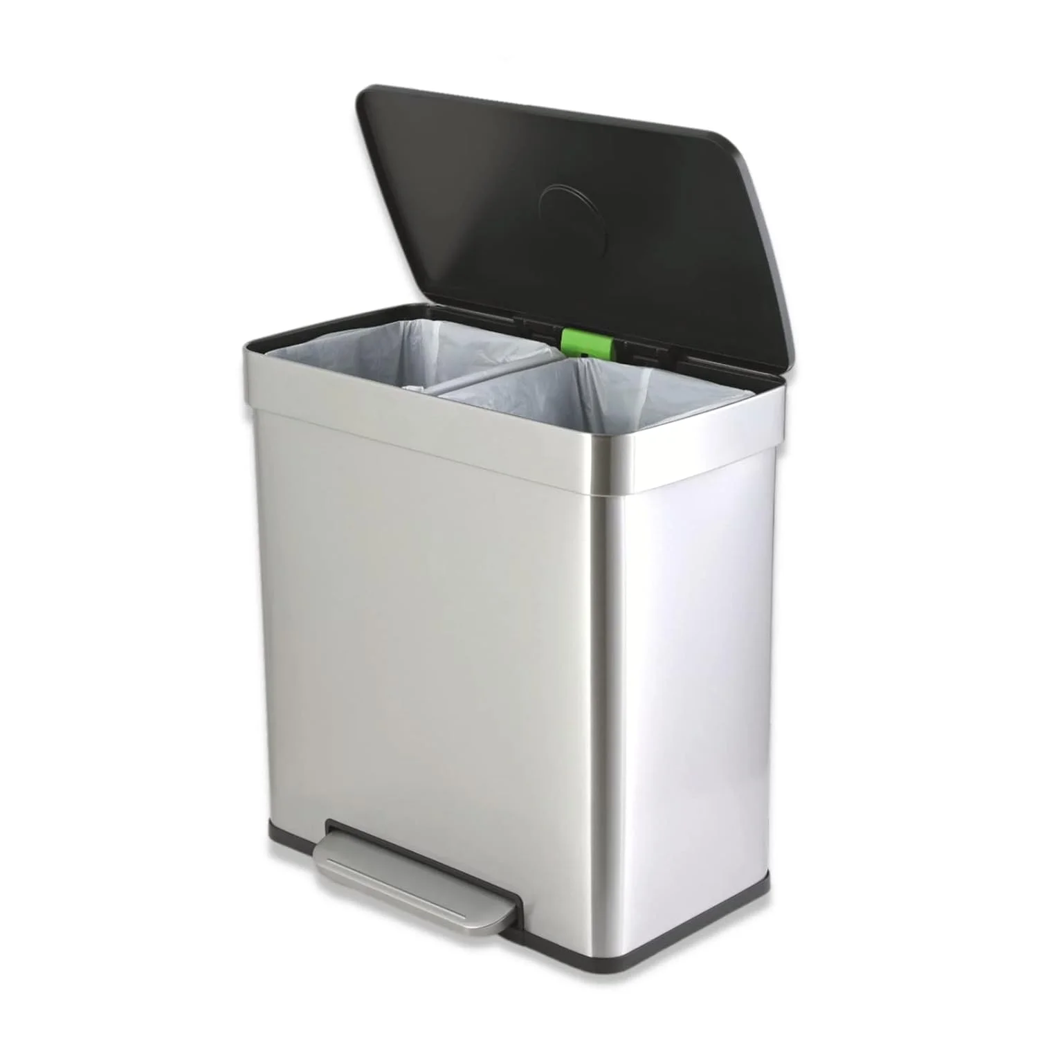 16 Gallo Stailess Steel Trash Ca, 60L Kitche Classified Recycle Garbage Ca, Dual Compartmet Dustbi With Removable Ier Buckets, Step-O, Soft-Close Lid, For Home Office, Silver